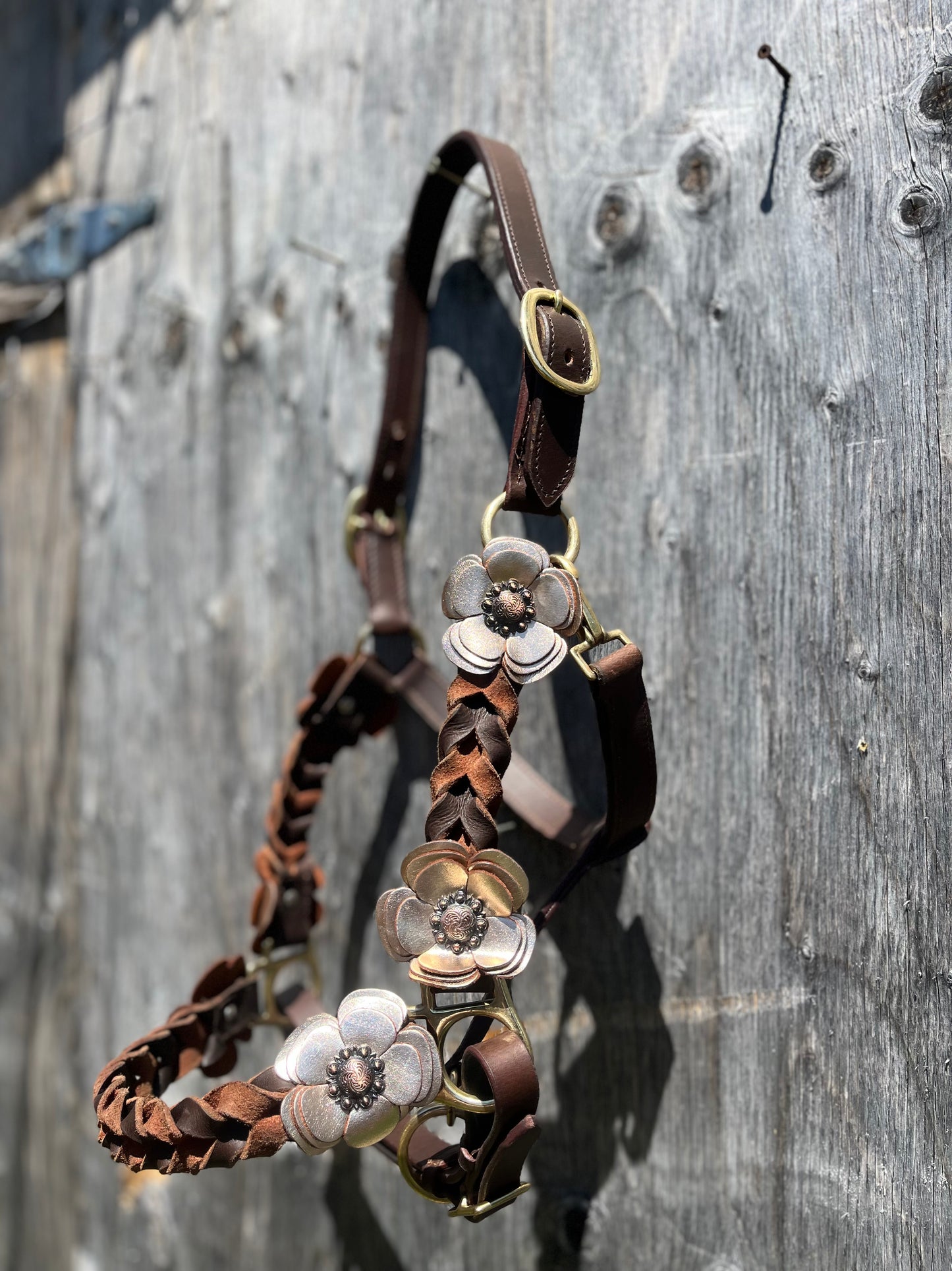 Braided leather halter with flowers