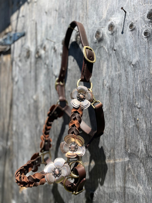 Braided leather halter with flowers