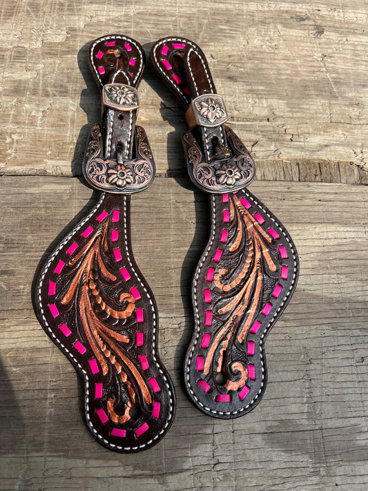 Pink buckstitch spur straps