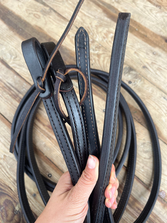 Supple thick leather weighted split reins dark oil