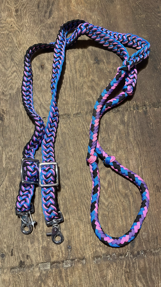 Blue purple pink and black adjustable braided barrel reins with snaps