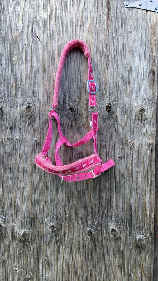 Cob size running horse print pink fleece lined halter