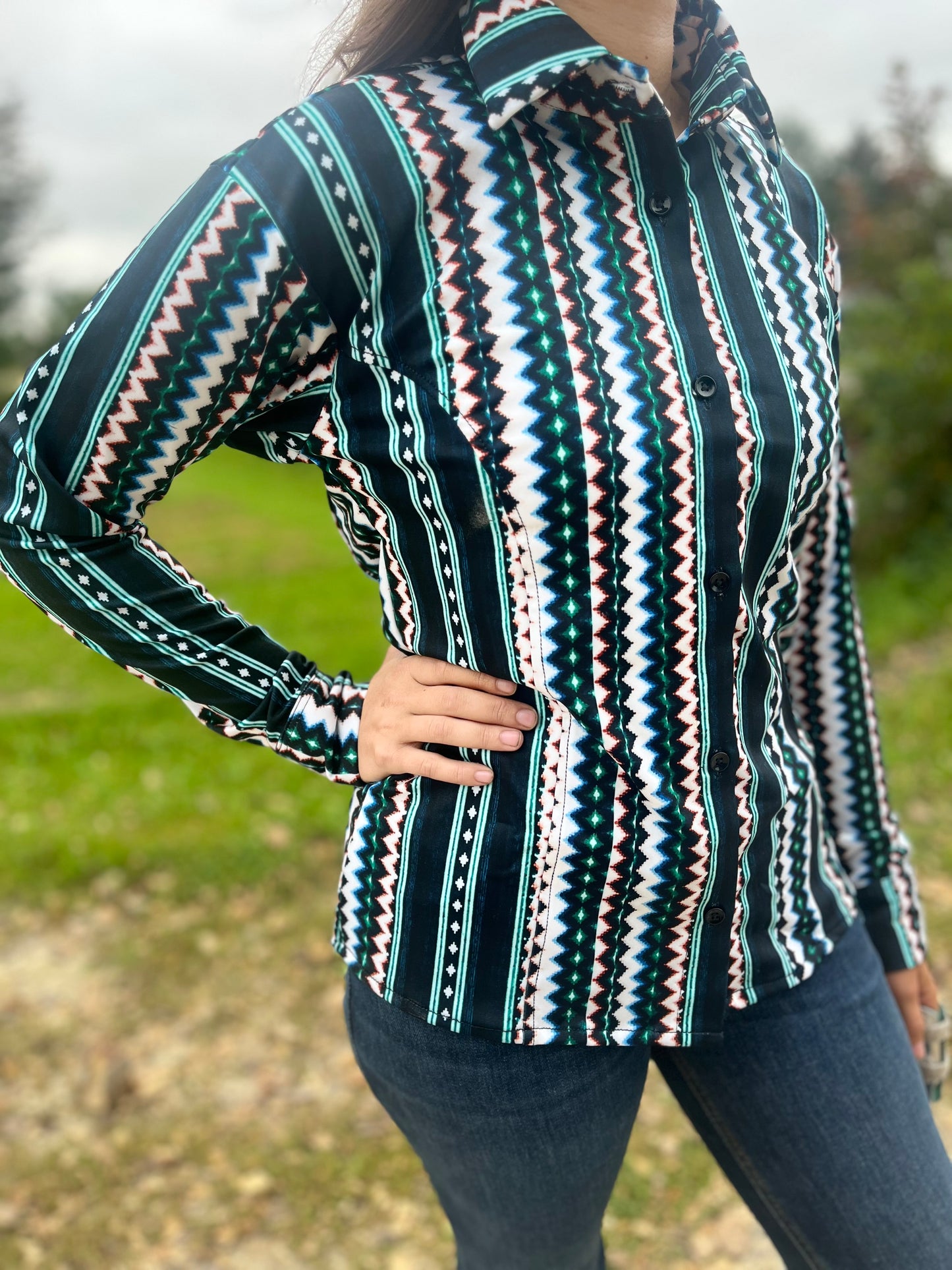 Multicolor Aztec long sleeve button up show shirt