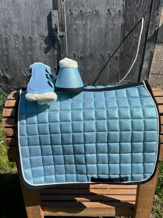 Full size sky blue 3pc glitter set with matching boots pad and bell boots clearance