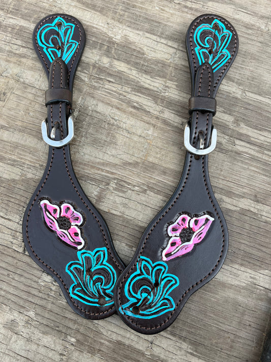 Teal pink flower spur straps