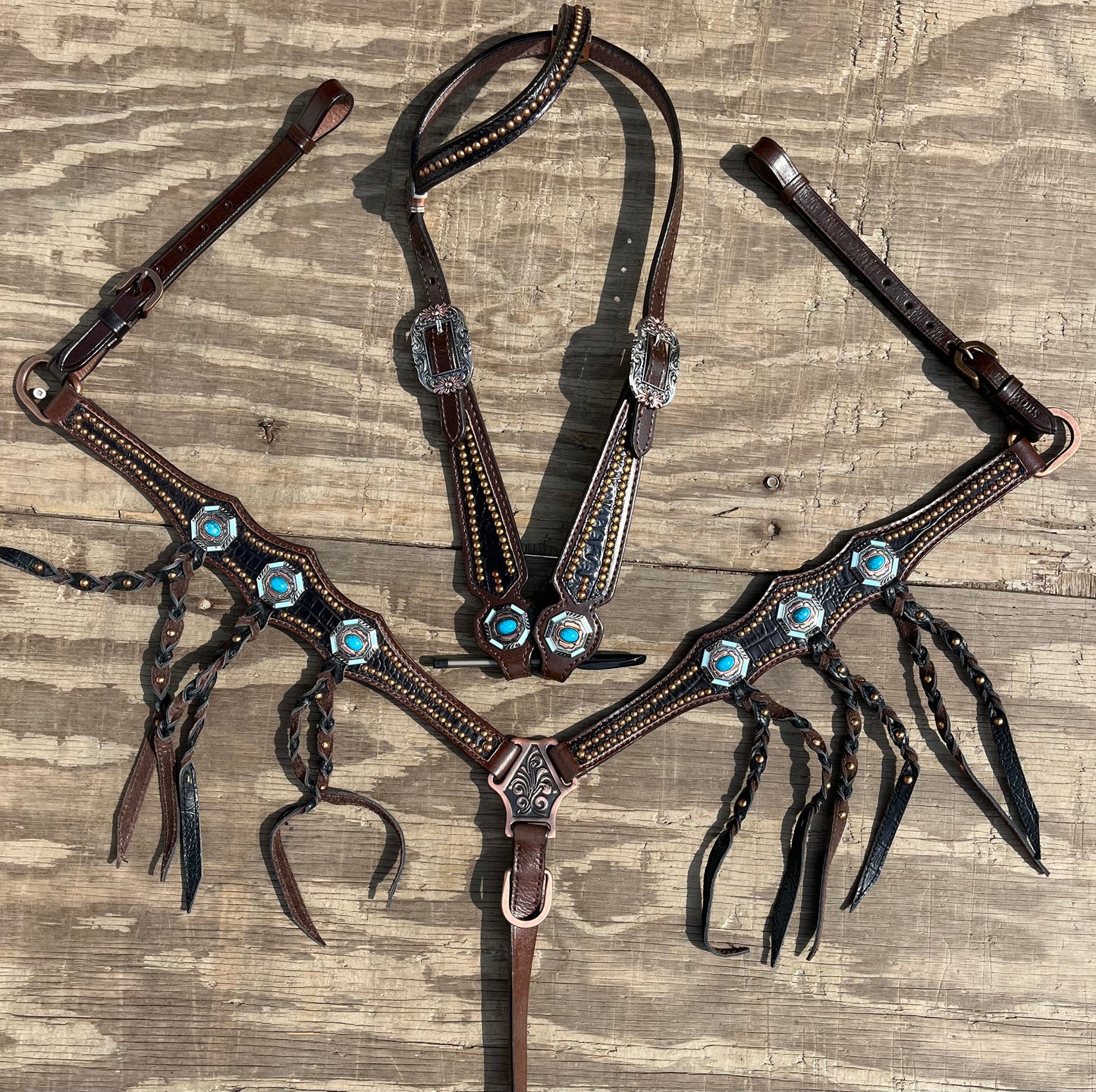 Black croc tack set with fancy baby blue stones and leather tassel fringe