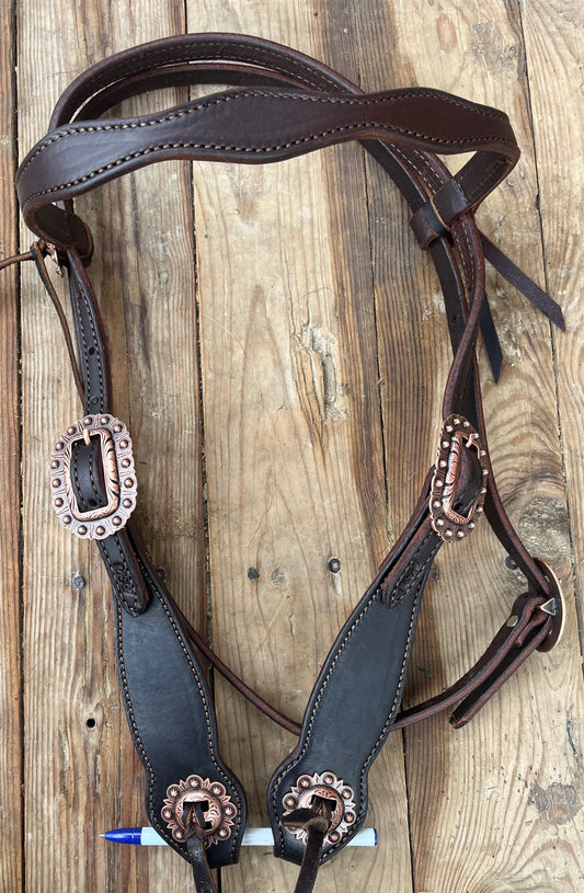 Supple leather scalloped browband leather headstall copper hardware