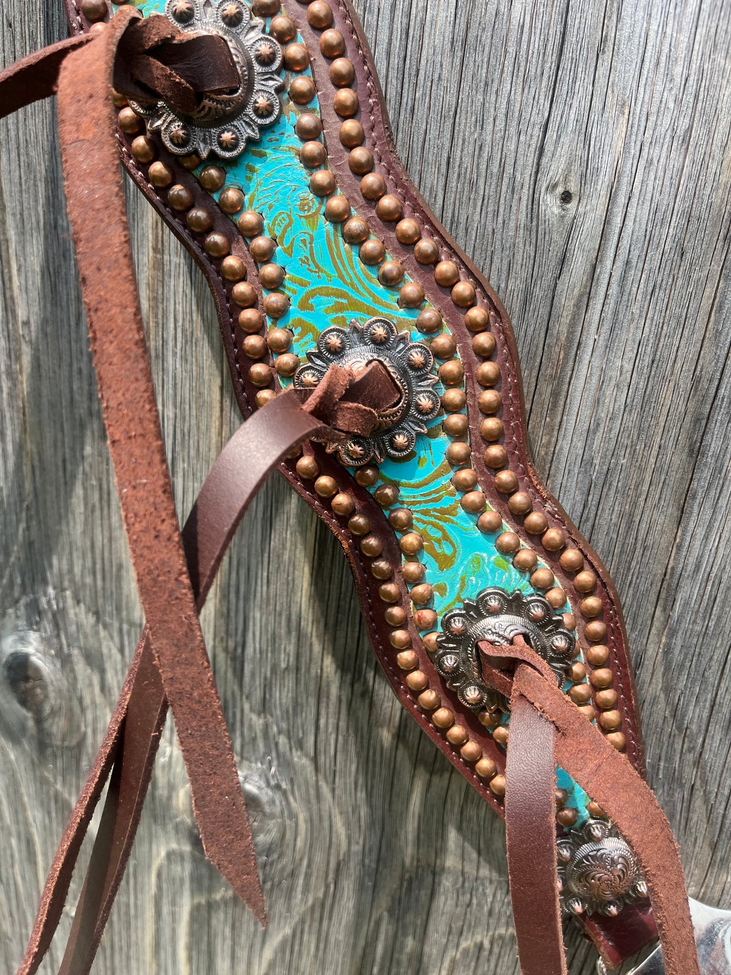 Teal copper tack set with leather tassels