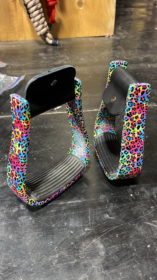 Colorful cheetah barrel stirrups