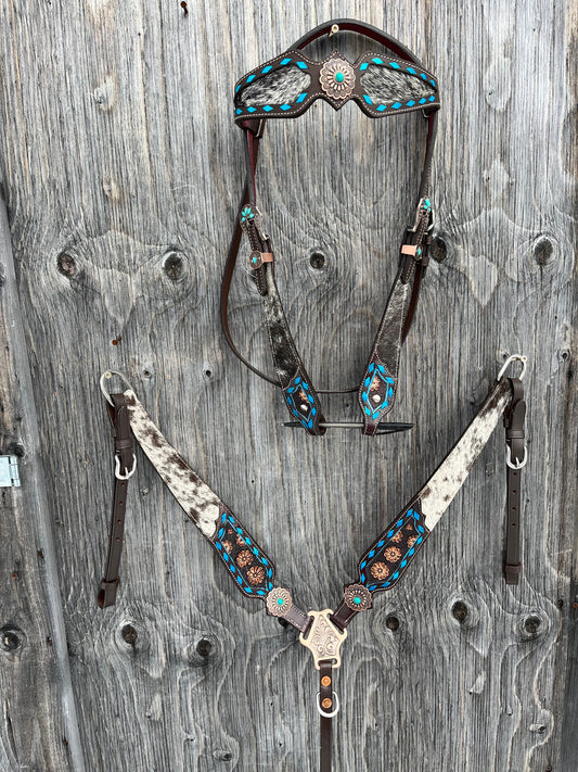Hair on Cowhide turquoise buckstitch tack set