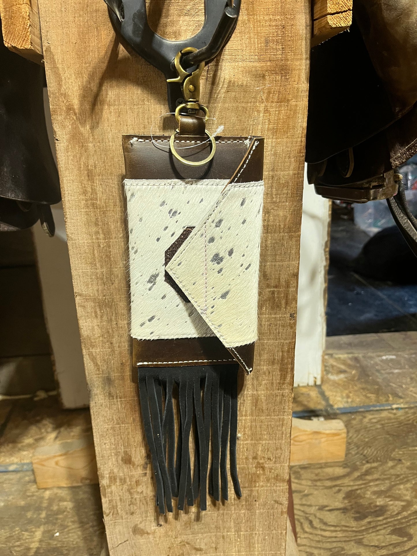 Clip on cowhide acid wash phone pouch