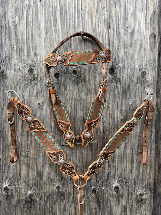 Teal buckstitch browband tack set
