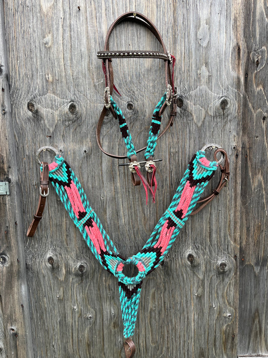 Blue grey and pink browband tack set