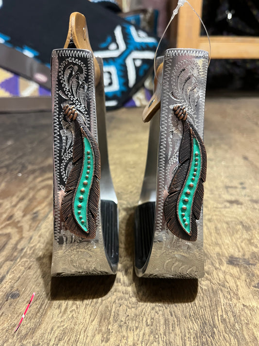 Teal feather engraved barrel stirrups