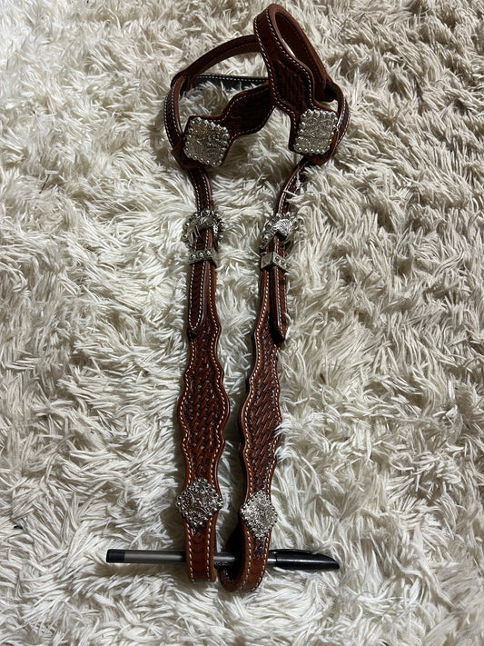 Double ear leather headstall with silver