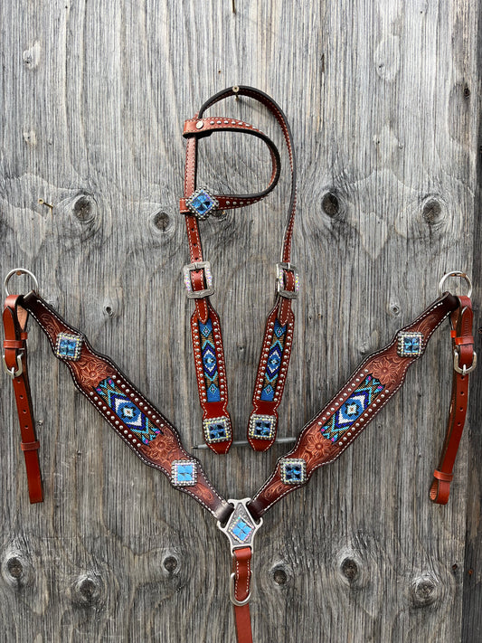 Blue beaded tack set