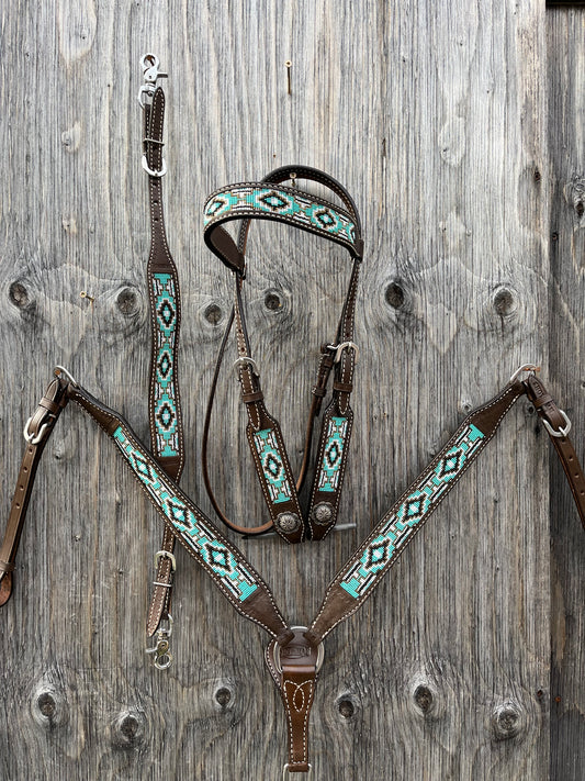 Teal southwest browband 3 pc tack set with matching wither strap