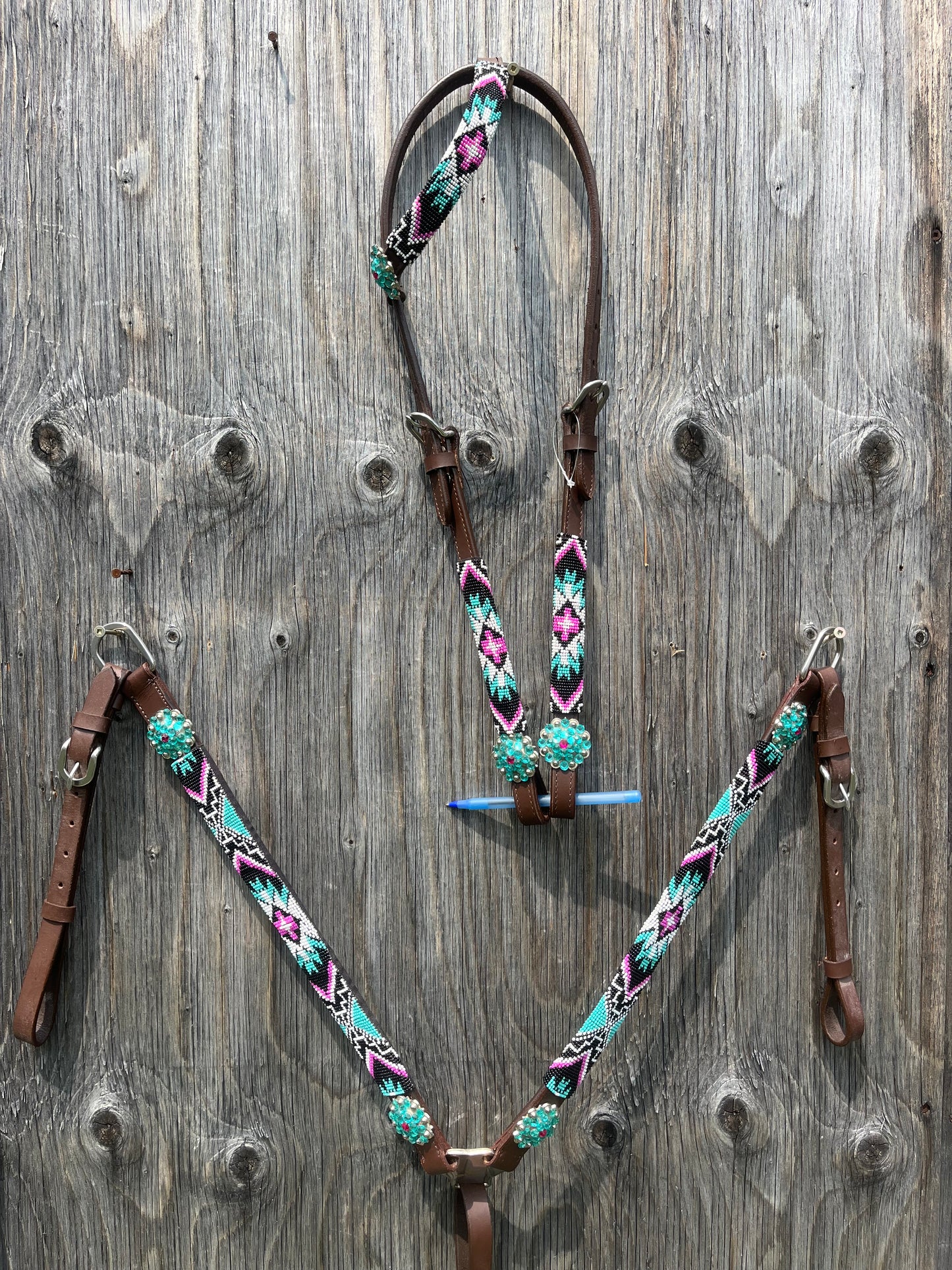 Pink and teal beaded tack set