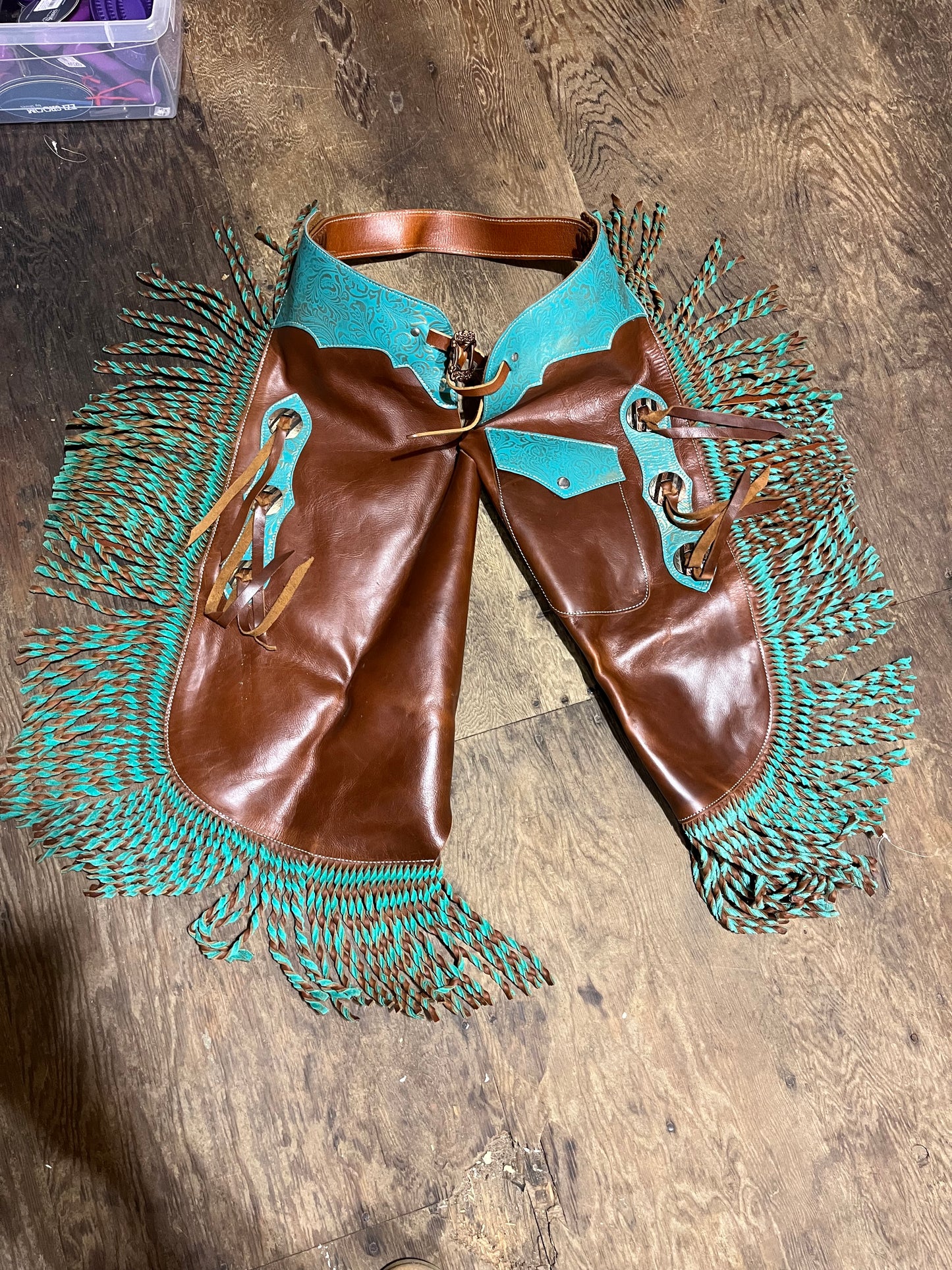 Ladies medium teal brown western chinks