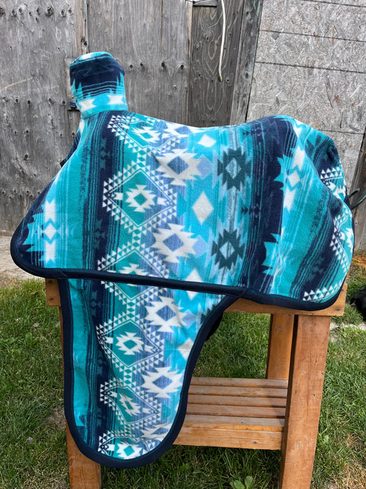 Blue Western fleece full coverage saddle cover with fenders, horn, & stirrup pockets
