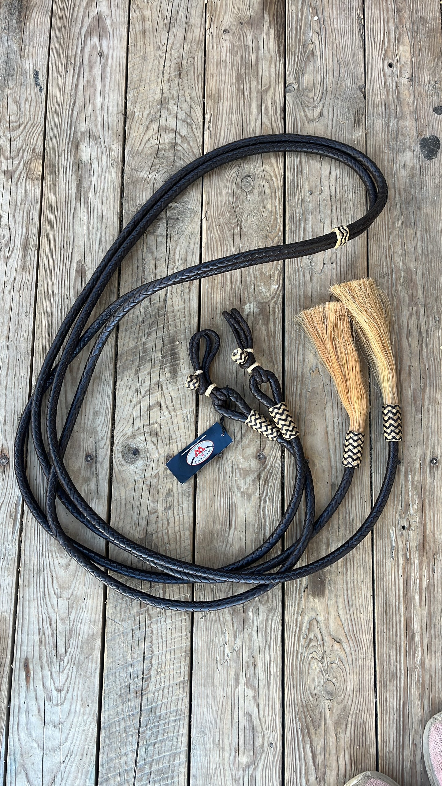 Western rawhide split reins with hair ends