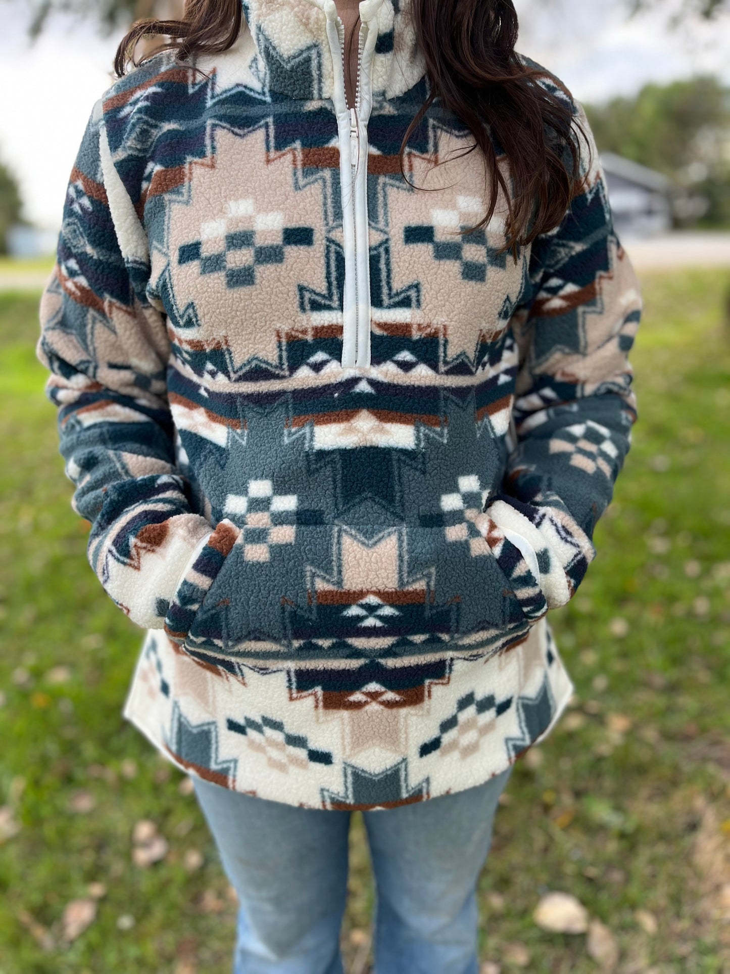 Small blue Aztec wrangler Sherpa quarter zip with pockets