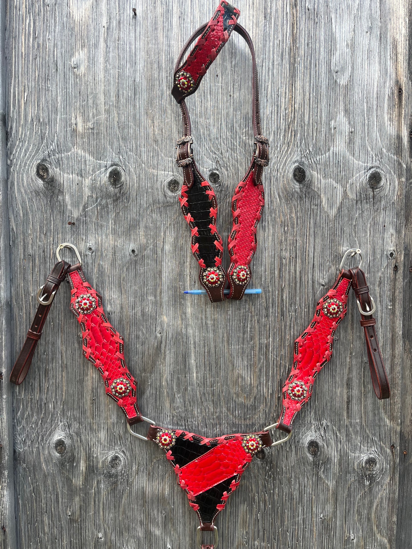Red and black gladiator one ear tack set