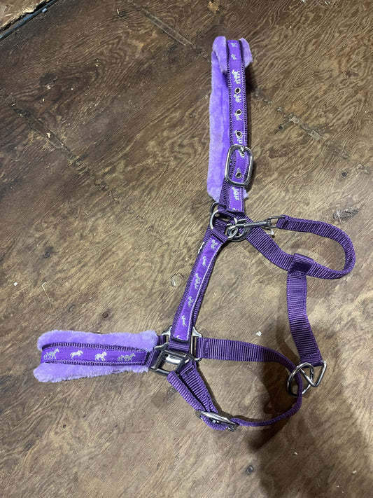 Purple fleece halter with horse print