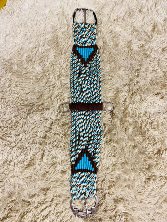 Blue and brown wool string girths