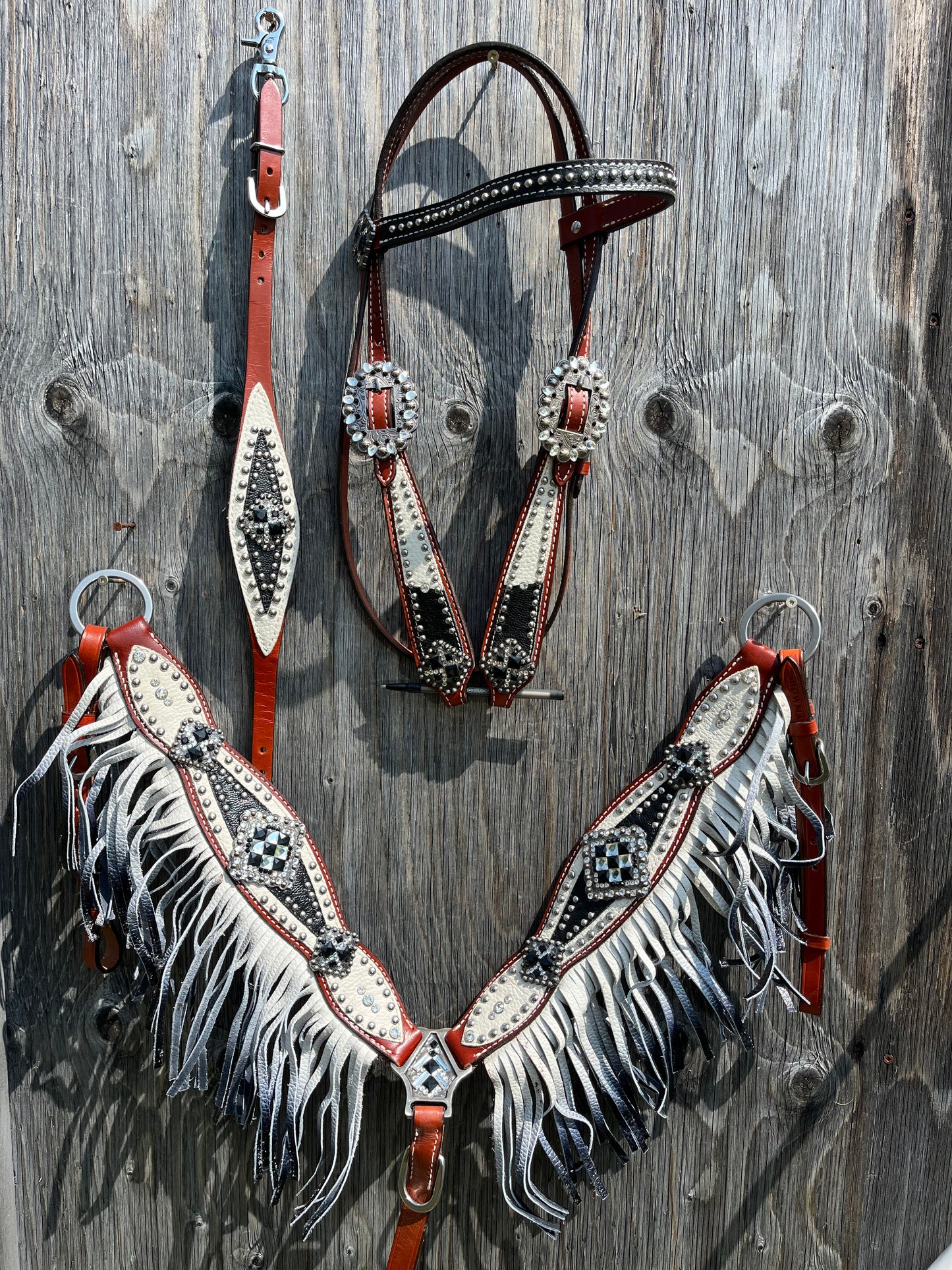 3 piece black and white browband tack set with matching wither strap