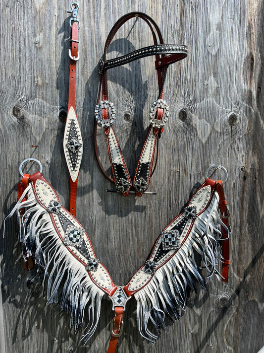 3 piece black and white browband tack set with matching wither strap