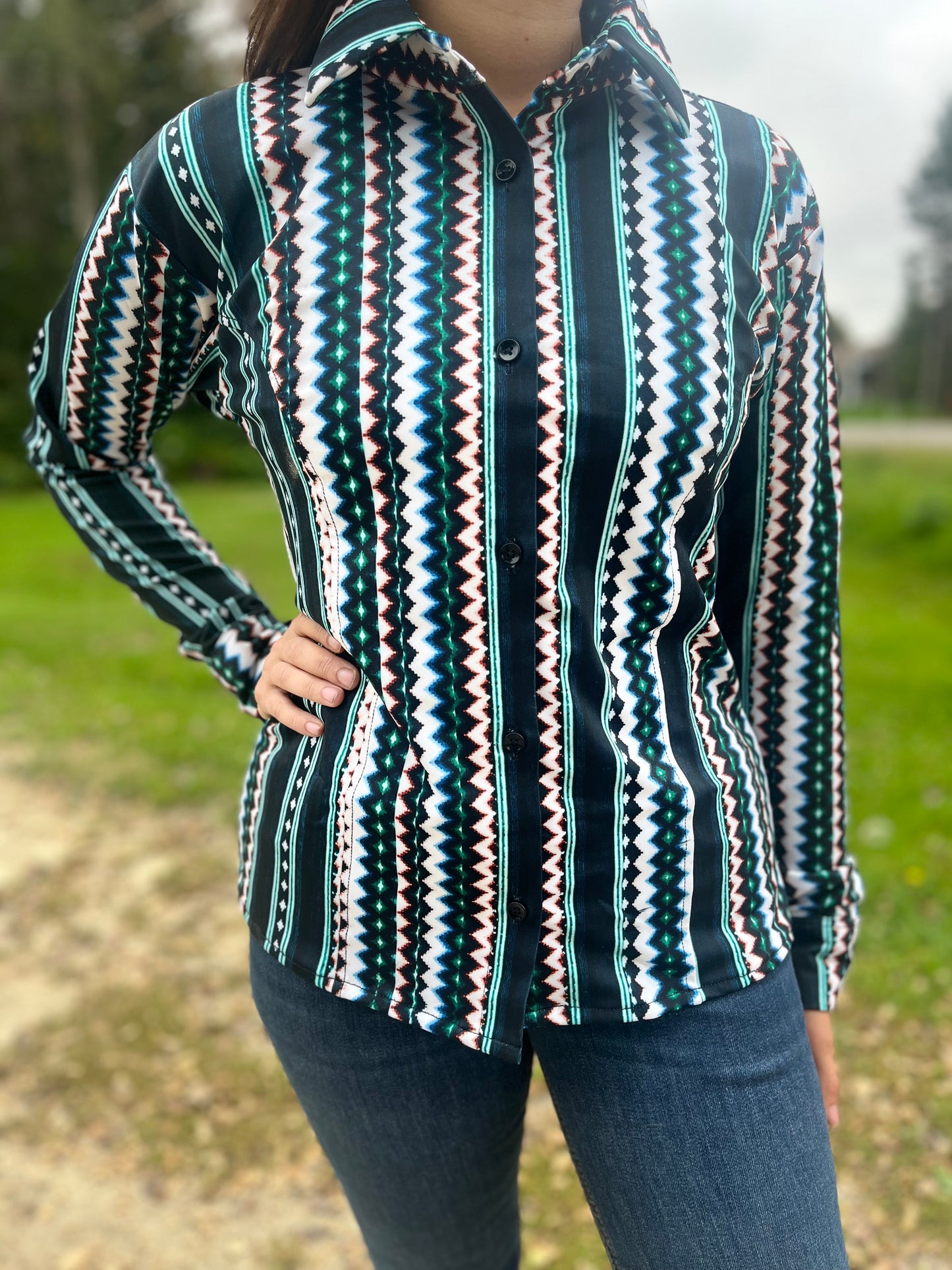 Multicolor Aztec long sleeve button up show shirt