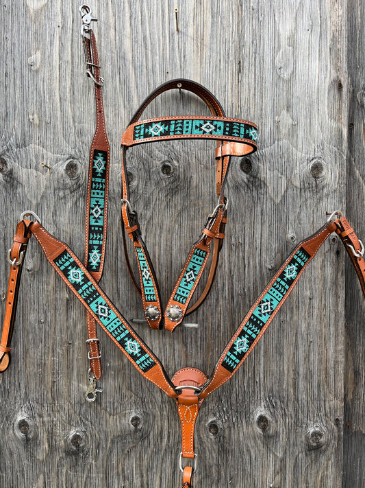 Teal black browband 3 piece tack set with matching wither strap