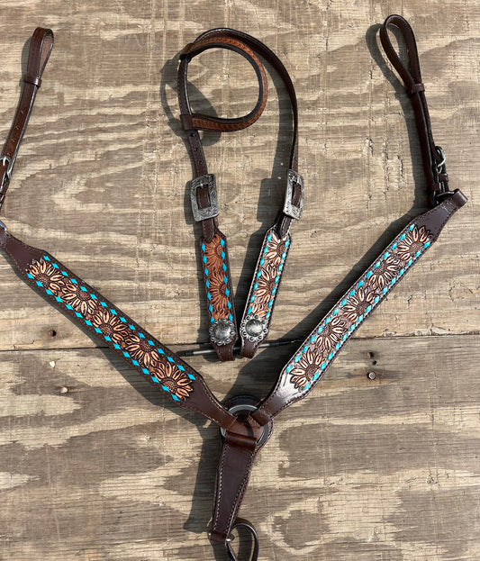 Teal buckstitch tooled sunflower one ear tack set