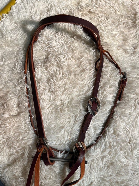 Browband fancy buckle headstall with slit end matching conchos soft leather