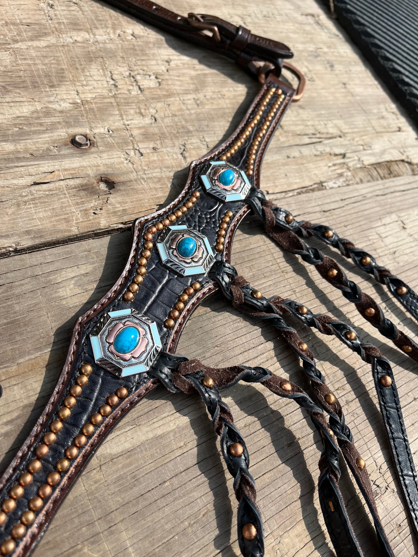 Black croc tack set with fancy baby blue stones and leather tassel fringe
