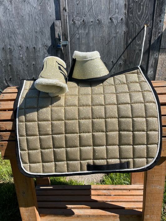 Gold 3 pc glitter set with matching pad boots and bell boots clearance