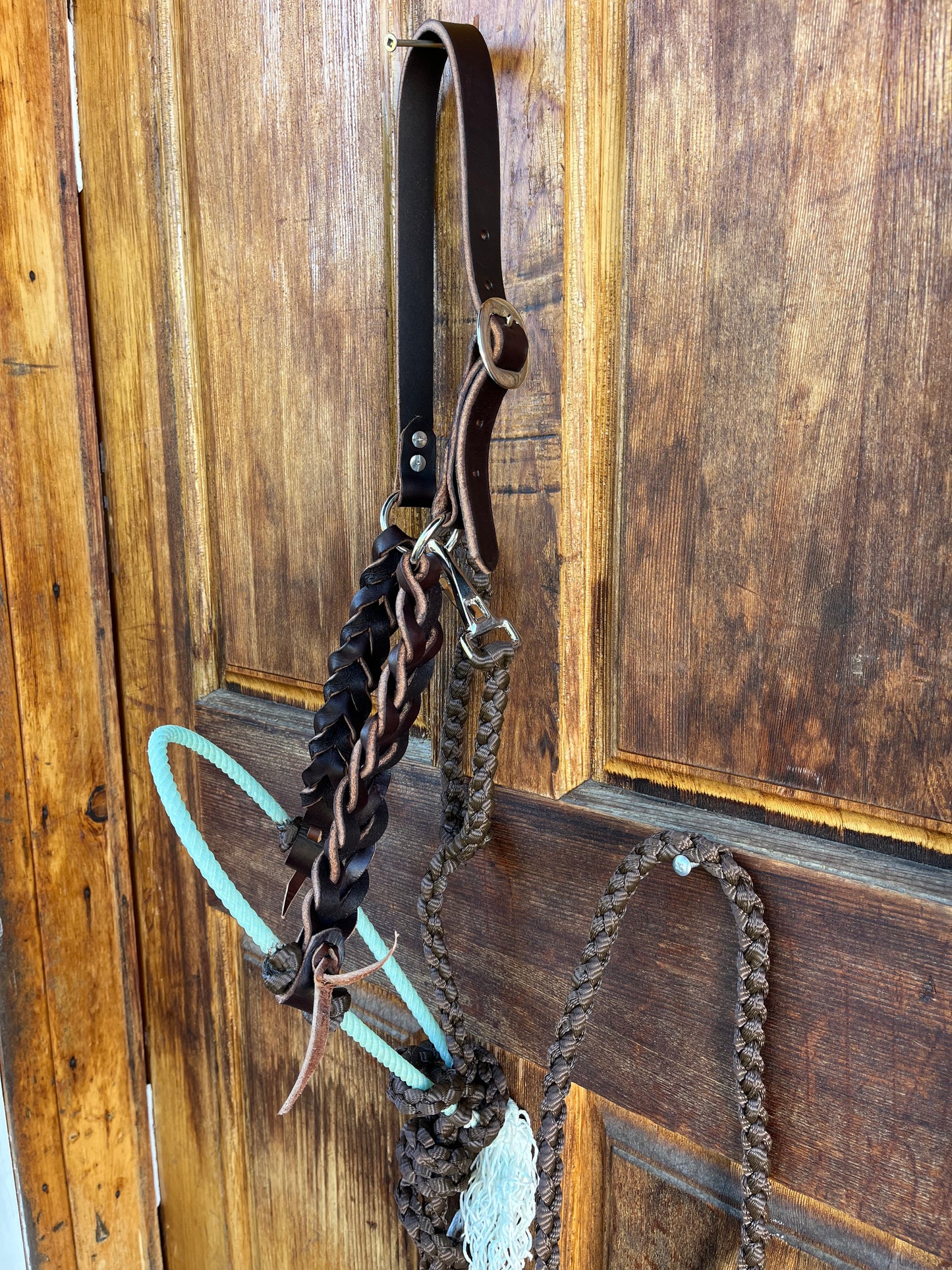 Chocolate & Mint Lariat nose halter set with muletape matching lead, leather braided cheeks.