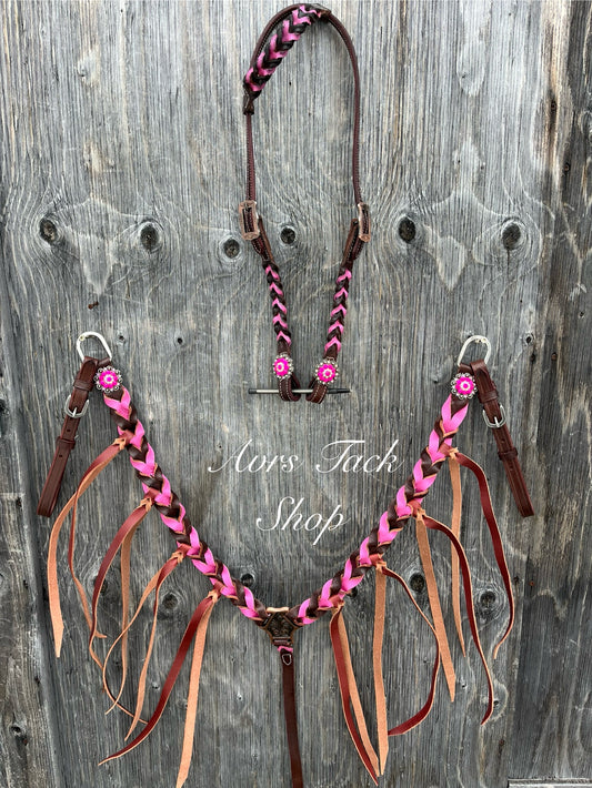 Pink braided one ear tack set