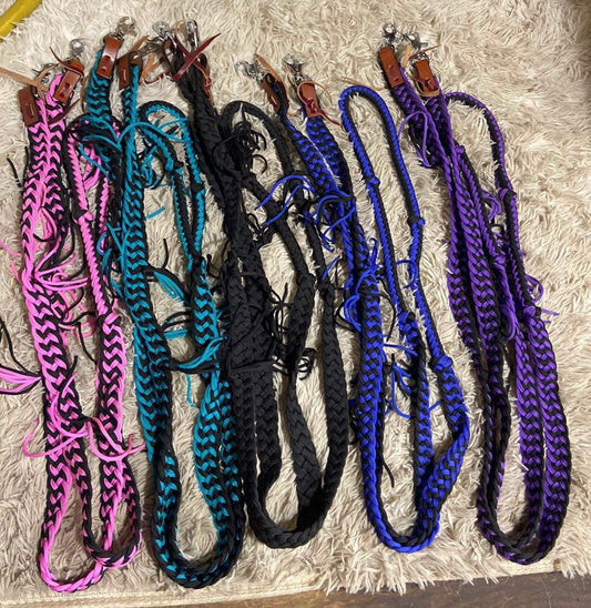 8ft braided barrel reins with quick change snaps and tassels