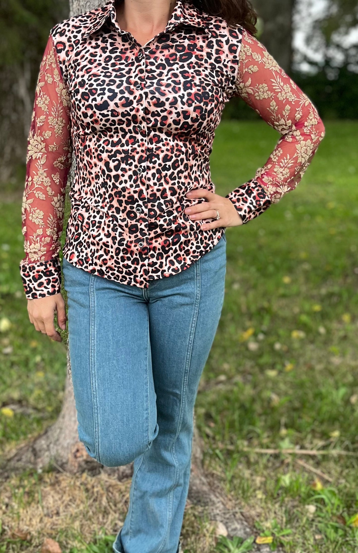 Leopard and lace, berry button up