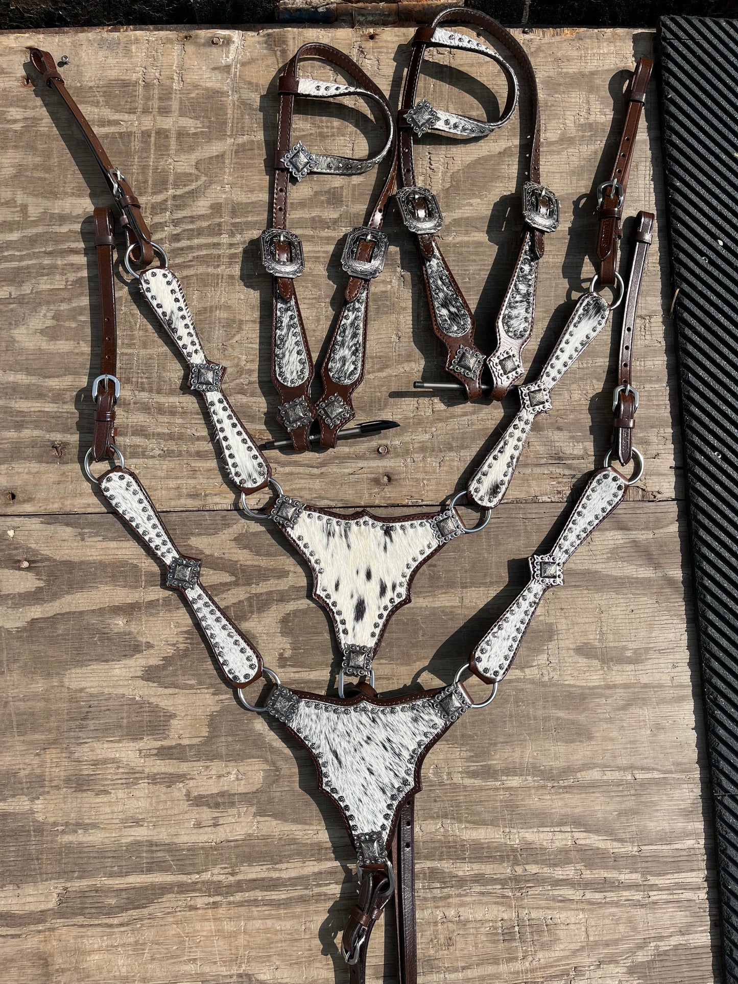 Hair on cowhide gladiator style tack set