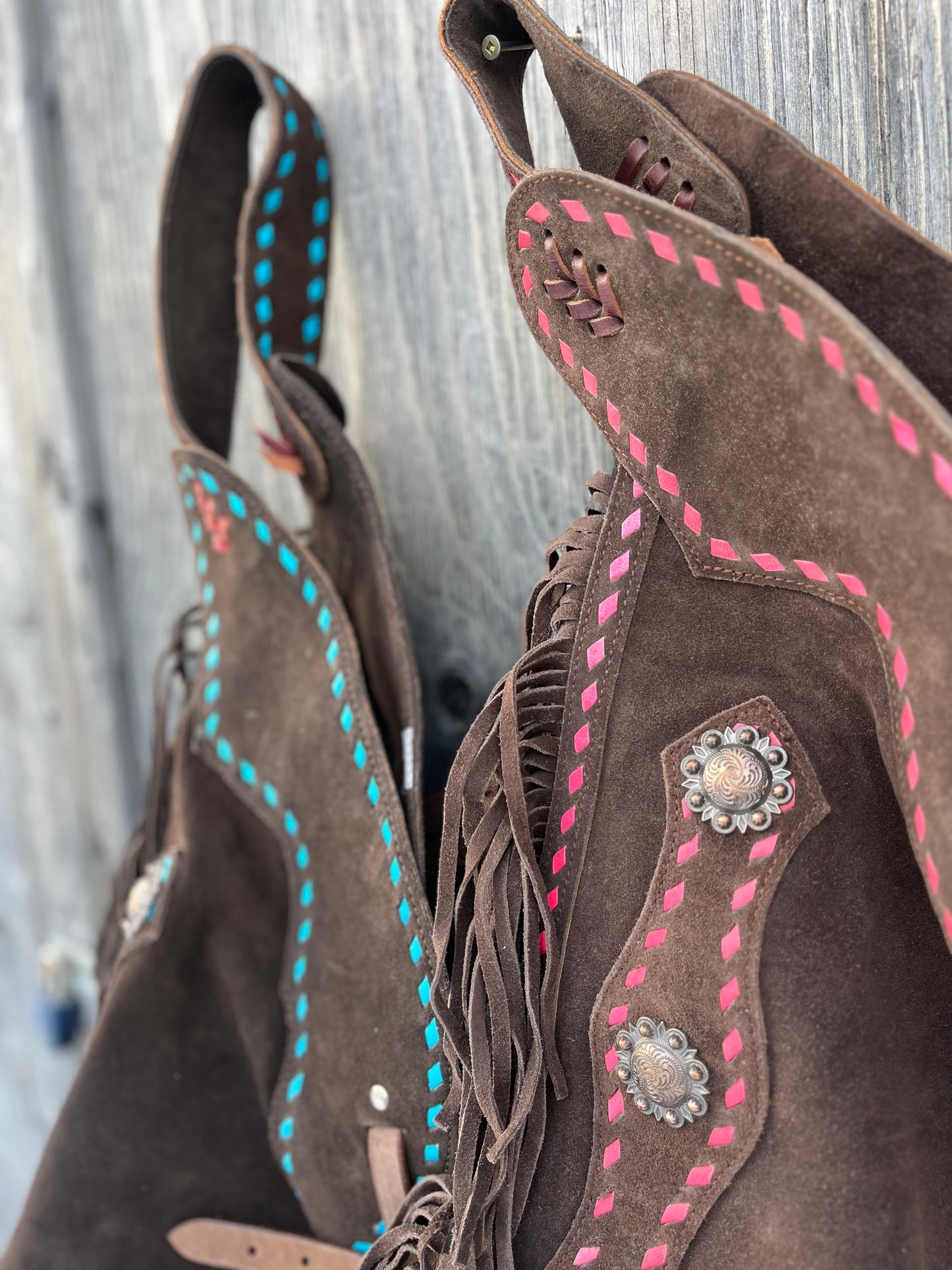 Teal and pink buckstitch Chocolate suede chinks Roomy Medium / 36