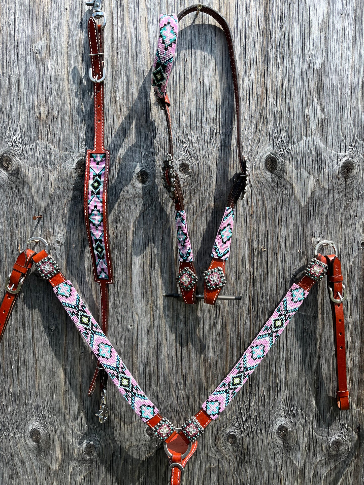 Pastel pink 3 piece beaded tack set with matching wither strap