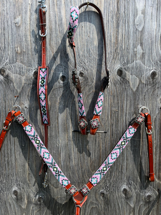 Pastel 3 piece beaded tack set with matching wither strap
