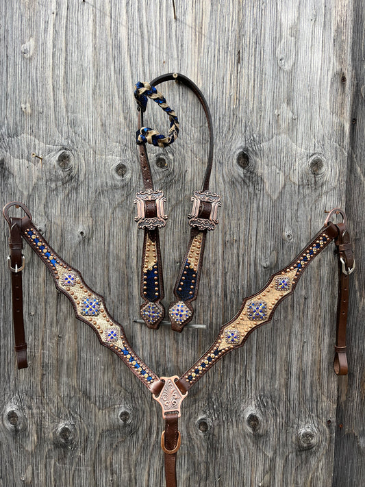 Royal blue and gold one ear tack set