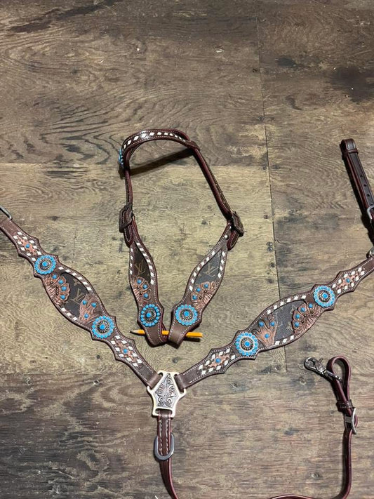 Tack set teal conchos and buckstitch
