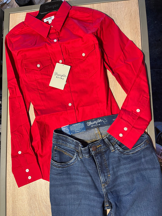 Red wrangler retro button up show shirt