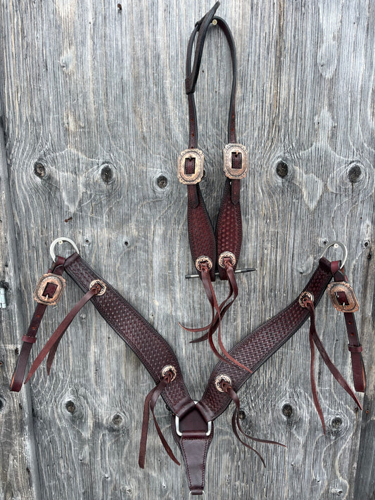 Basketweave copper leather rack set