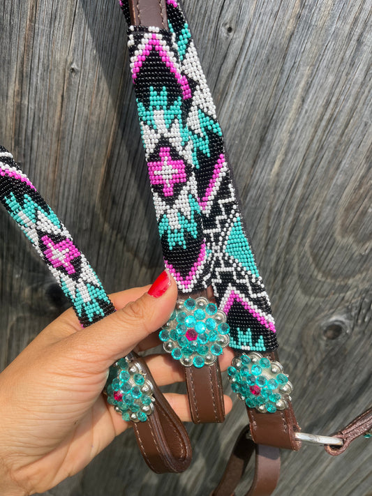 Pink and teal beaded tack set